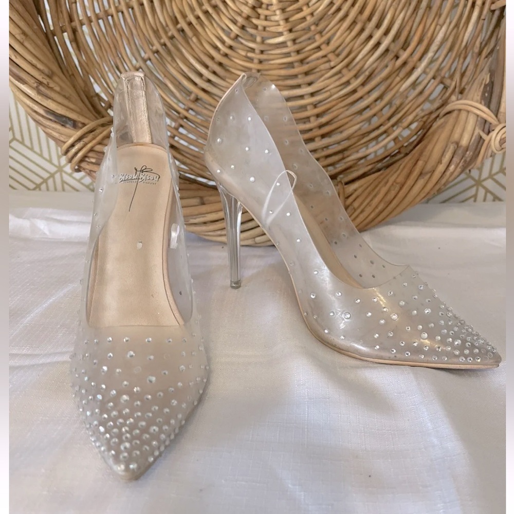Bisou Bisou Diamond-Studded Bejeweled Clear Lucite Pointed Pumps Heels Sz 7.5